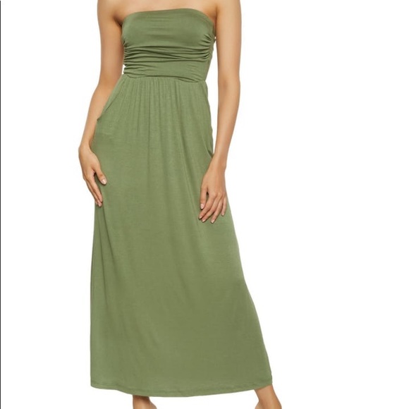 Sage Green Ruched Strapless Maxi Dress - Picture 1 of 4
